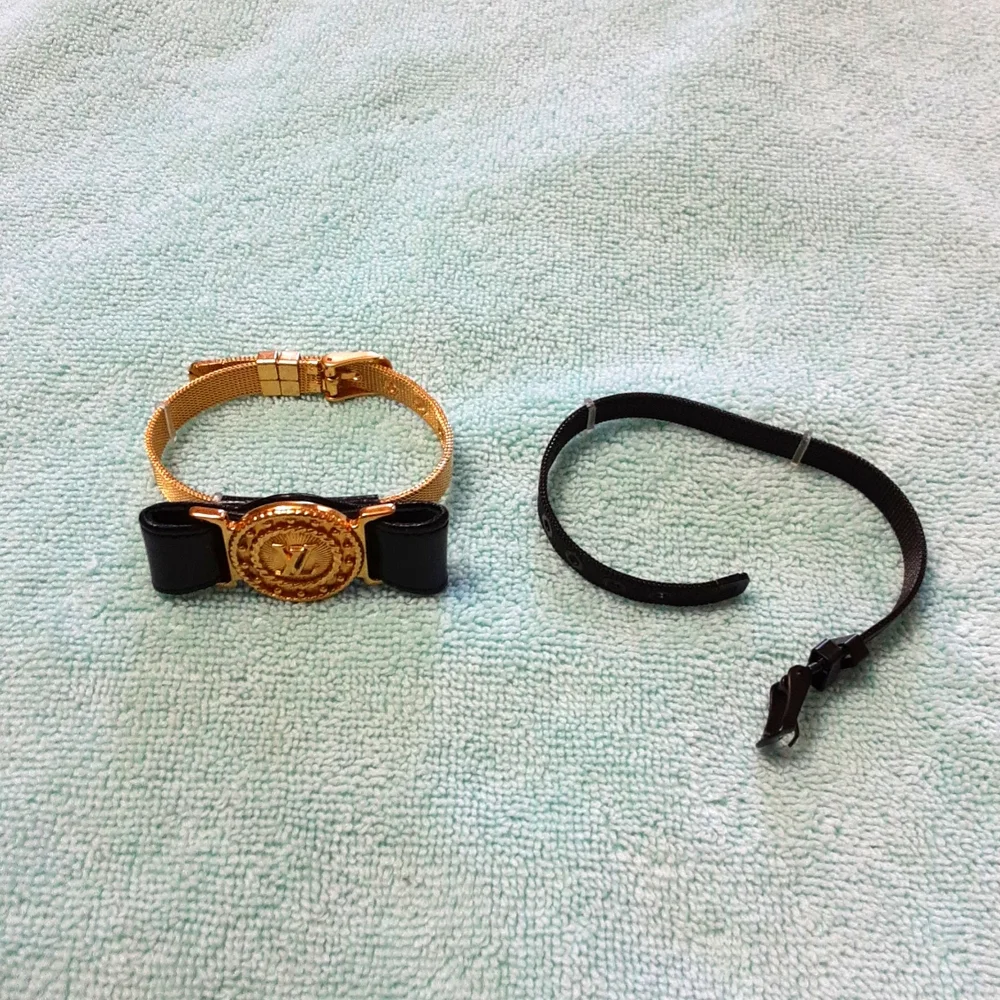 Versace-Inspired Black Leather Bracelet with Gold Medallion & Gold Mesh Strap